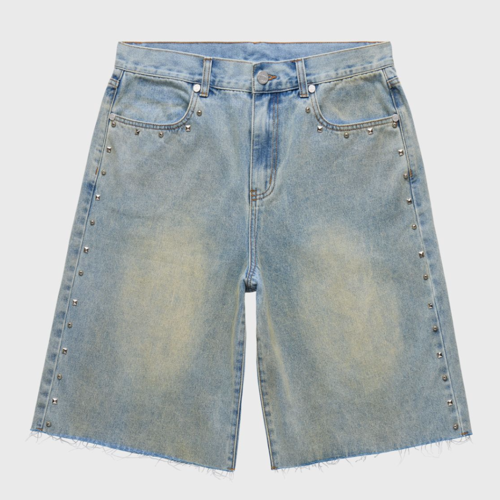 Homme + Femme Studded Denim Shorts (Blue Stone Wash)