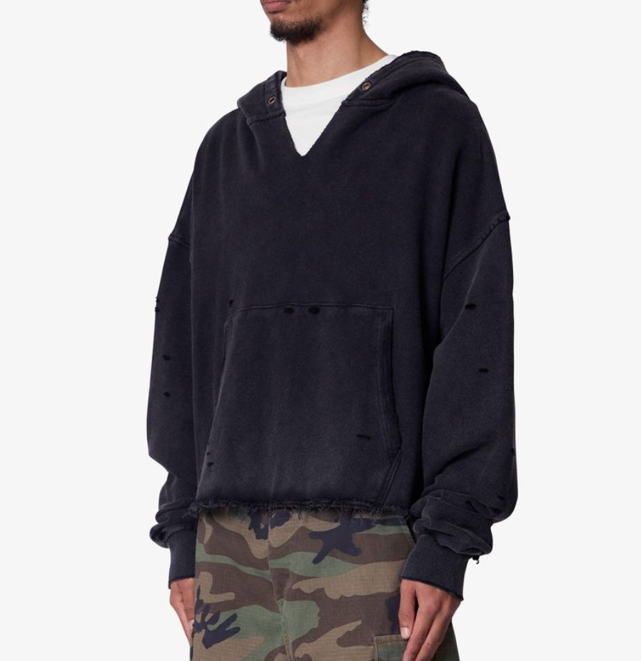 MNML Destroyed V Neck Hoodie (Black)