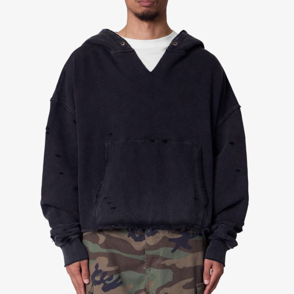 MNML Destroyed V Neck Hoodie (Black)