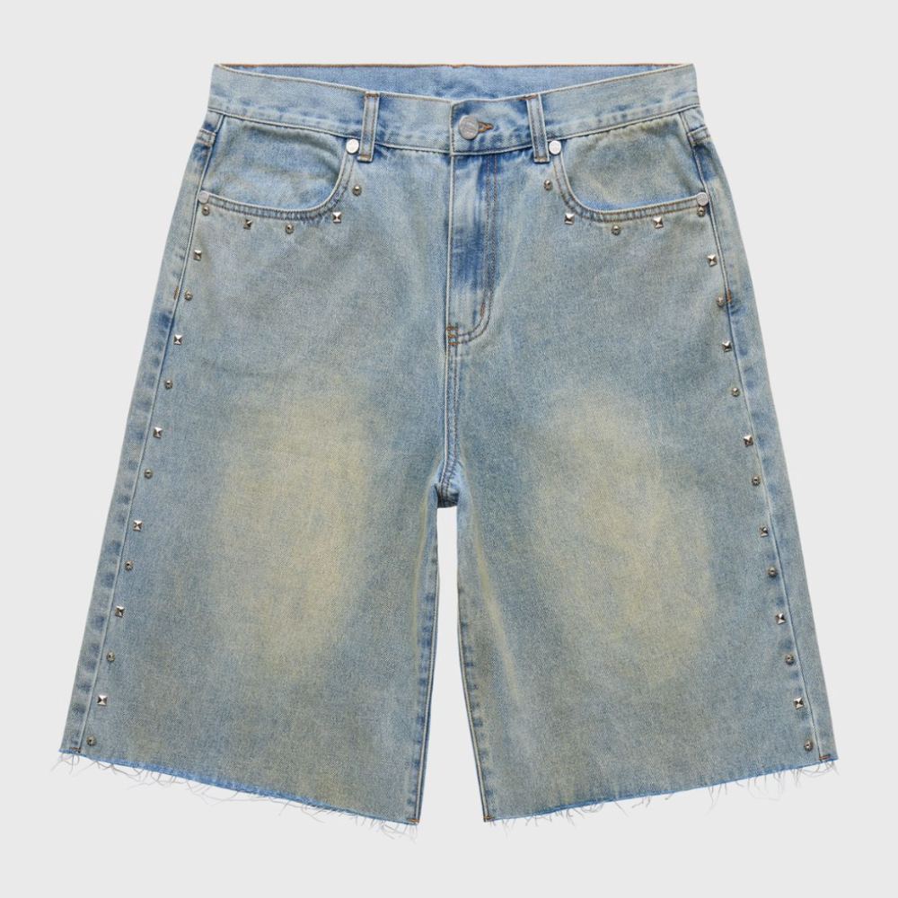 Homme + Femme Studded Denim Shorts (Stone Wash)
