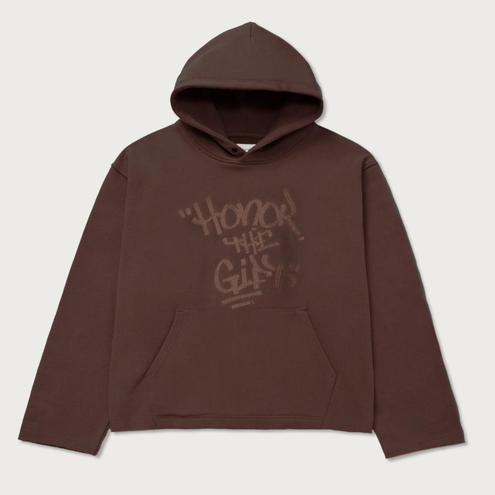 Honor The Gift Script Embroidered Hoodie (Brown)